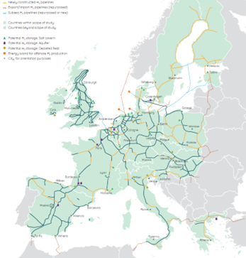 Immagine n.° 5 - Back bone Europea dell’idrogeno al 2040 estratta dal Piano Decennale 2022-2031 di S.N.A.M. Rete Gas